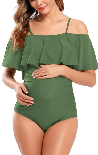 SHEKINI Maillots de bain de maternité une pièce à épaules dénudées maillot de bain à volants pour grossesse, Vert, XXL