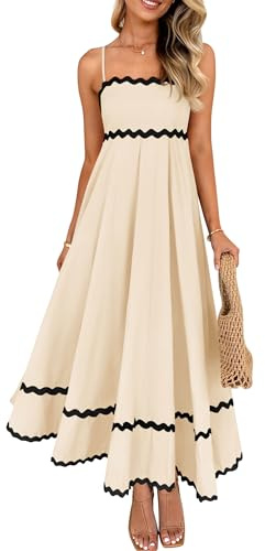 ZESICA Women's 2025 Summer Spaghetti Straps Sleeveless Backless Sundress Flowy Smocked Lace Swing A Line Midi Dress,Apricot,Medium