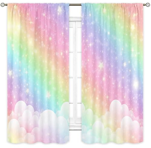 Cinbloo Colorful Rainbow Curtains for Girls Bedroom 42Wx63H Inch Rod Pocket Ombre Cute Pastel Kids Room Decor Sky Clouds Star Art Printed Baby Nursery Princess Girly Living Room Window Drapes 2 Panel