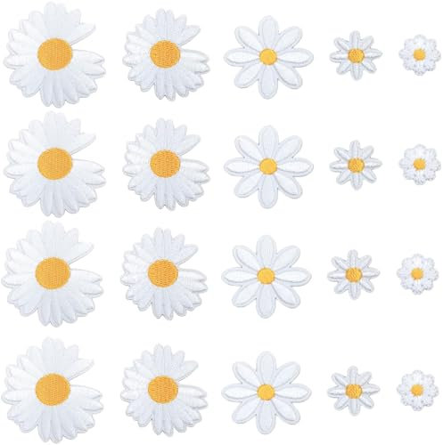 luckaide Patches zum Aufbügeln, 20 Stück Blumen Aufnäher zum Aufbügeln zum Aufnähen, Gänseblümchen Bügel Patches, Bügelbilder für Textilien, Aufnäher für Jacken Jeans Erwachsene Kinder(1.6-5.5cm)