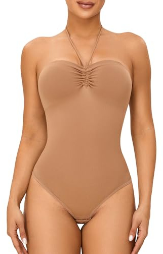 HOMETA Women's Strapless Shapewear Bodysuit Tummy Control Body Shaper Sculpting Thong Bodysuit Drawstring Jumpsuit Top