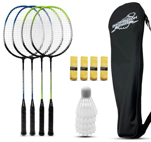 Magicorange Juego de 4 raquetas de bádminton para juegos al aire libre, incluye 4 raquetas, 4 volantes, 4 cintas de agarre de repuesto y 1 bolsa de transporte (azul y verde)