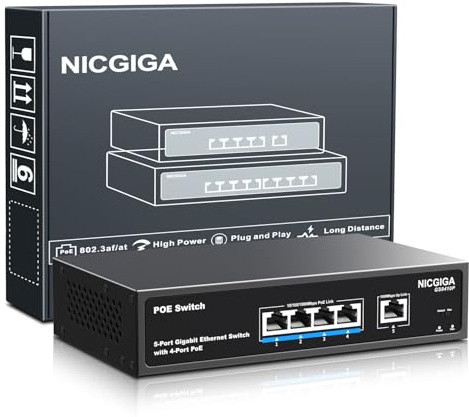Ohanterad 4-portars Gigabit PoE-switch med 4 portar IEEE802.3af/at PoE @ 78 W, 1 x 1 000 Mbps upplänk, NICGIGA 5-portars nätverksbrytare över Ethernet, VLAN-läge, montering av