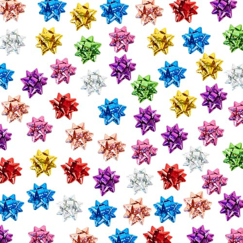 Dooozy 100 Pcs 1 Mini Geschenkschleifen Selbstklebend Set, 7 Laser Farbe Geschenk Schleife für Festival Weihnachten Geschenkverpackung