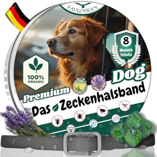 Falkenblick® Das Zeckenhalsband für Hunde 100% Pflanzliches Premium Öl Wirkungsvoller Schutz gegen Zecken Flöhe Mücken Läuse Ungeziefer Lavendel Zitroneneukalyptus - 8 Monate Wirkungsdauer