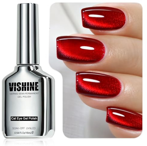 Vishine Vernis Semi-Permanent Œil de Chat Pailleté 16ml,Cat Eye Gel Effet Galaxie Holographique Réfléchissant,Nail Art DIY – Ruby Red MY426