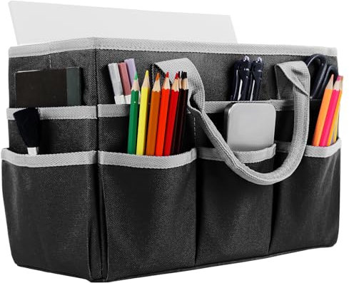 Desktop File Folder Tote Storage Organizer with Handle Large Capacity Craft Bag with Pockets Foldable Gardening Tool Bag Teacher Office Supplies Tote Bags for Pen Book Notebook Art Supplies (Black)