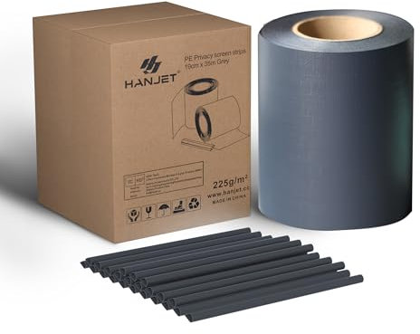 Hanjet Sichtschutzstreifen Anthrazit PE 2,0 ohne PVC – 35m x 19cm Garten Zaun, Zaunfolie Doppelstabmatten, Wetterfest Windschutz, Sichtschutzmatte (225g/m²) + 25 Clips für Balkon, Wohnhaus