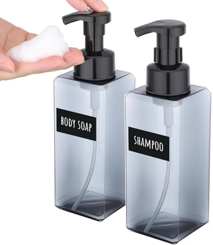 Segbeauty Dispensador Jabon Espuma, 2 Piezas 650ml Botes para Gel y Champu, Dispensador de Espuma de Plástico, con Etiquetas, Accesorios Baño (Gris)