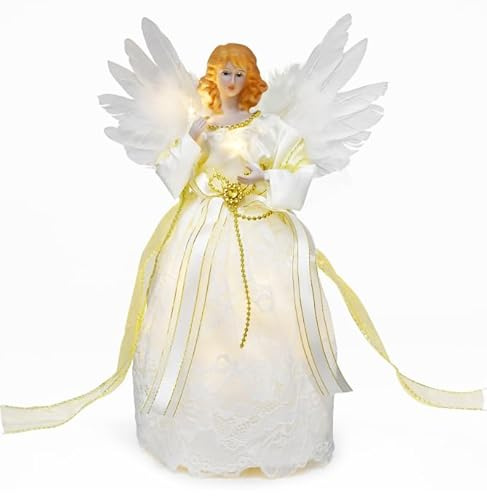 Décor de Sapin de Noël de 32 cm en forme d'ange, Figurines d'ange en or, lumière jaune chaude, pour Noël