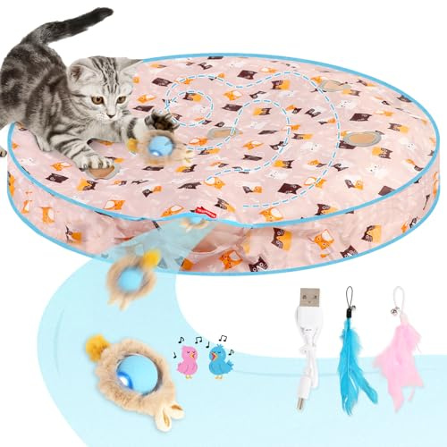 TAIMUTTAL Cat Toys, Interactive Cat Toy for Indoor Cats, Play Mat with Automatic Hunting Ball Toy Hide and Seek for Indoor Exercise, 3 Tails Mat Toy with Animal Squeaky for Kittens and Adult Cats