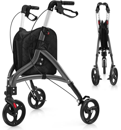 COSTWAY Deambulatore per Anziani in Alluminio Ultraleggero a 3 Ruote, Rollator per Anziani Pieghevole e Regolabile in 6 Livelli 86-96 cm con Borsa e Ruote Bloccabili, Portata 136 kg (Grigio)