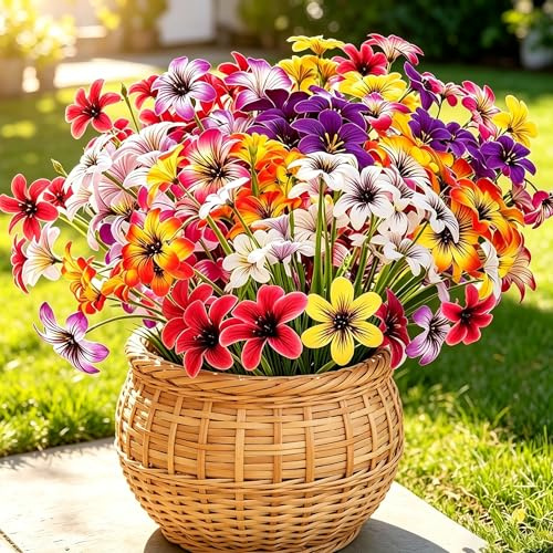 QIHANS Parti av 16 konstgjorda utomhusblommor, 8 UV-beständiga färger, konstgjorda silkesblommor för utomhusbruk, realistiska konstgjorda blomsterträdgårdar i plast, gravar, veranda
