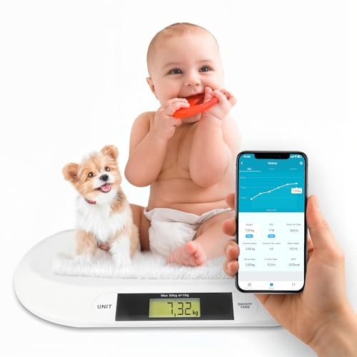 Silvergear® Pèse-bébé intelligent avec Bluetooth | Balance numérique pour bébé avec application pour nouveau-nés enfants animaux domestiques | Mesure précise jusqu'à 20 kg | Application Smart Life |