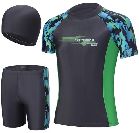 InfiniZer 3 Pcs Boys Swimming Costume, UPF 50+ Kids Swim Trunks & Short Sleeve Rash Guard Shirt Set, Summer Bathing Suit Swimwear for 2-12 (UK, Age, 7 Years, 8 Years, Regular, Black)