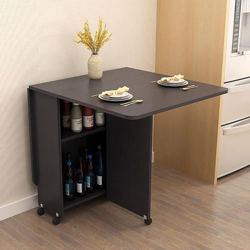 Tavolo da pranzo pieghevole salvaspazio con 6 ruote, foglia allungabile, 2 ripiani, multifunzione, moderno, nero, per sala da pranzo, lavoro, studio e piccoli spazi