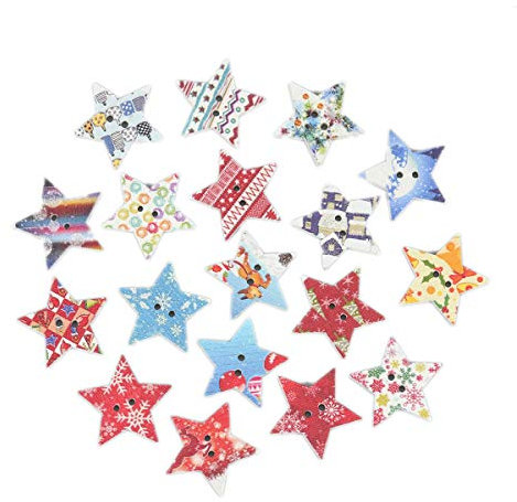 SiAura Material - 50 Stück Holzknöpfe Scrapbooking Pentragramm Stern 24mm x 23mm, zufällig gemischt, 2 Löcher I Zum Nähen, Basteln und Dekorieren