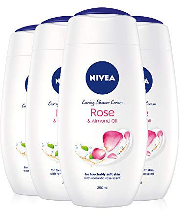 NIVEA Indulgent Moisture Rose Shower Cream Pack of 4 (4 x 250ml), Moisturising Shower Gel with Almond Milk, Luxurious Body Wash for Women, Body Wash with Argan Oil