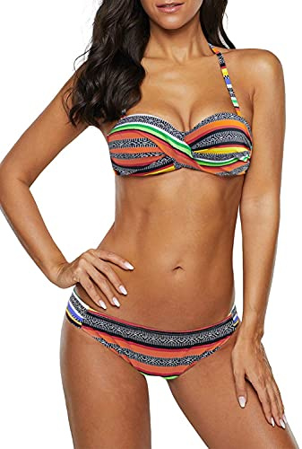 Dokotoo Bandeau Bikini Damen Push Up Zweiteilige Badeanzug Bademode Bikini Set, 03-Orange, XL