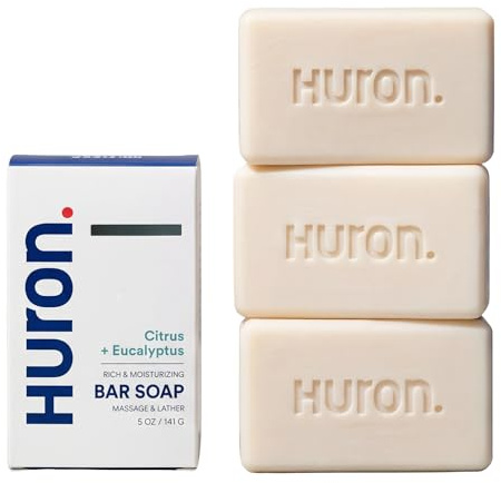 Huron Men’s Bar Soap, Hydrating Cleansing Bars with Citrus + Eucalyptus Scent, Moisturizing Shower Soap, Phthalate-Free, Non-Toxic Clean Ingredients for Daily Body Care, 5 oz (Pack of 3)