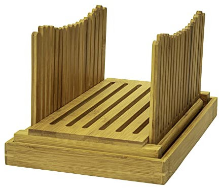 Homiu Bamboo Bread Cutter with Guide Foldable Loaf Slicer for Homemade Loaves, Cakes, Natural Bamboo Adjustable Thickness Design