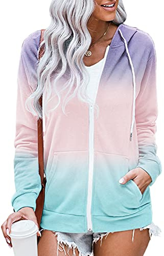 HVEPUO Klamotten Teenager Mädchen Zip Up Sweatjacke Damen Mit Kapuze Elegant Clothes Dünne Hemdjacke College Jacke Vintage Tie Dye Herbstmode Hoodies Für Damen Lila Blau XL