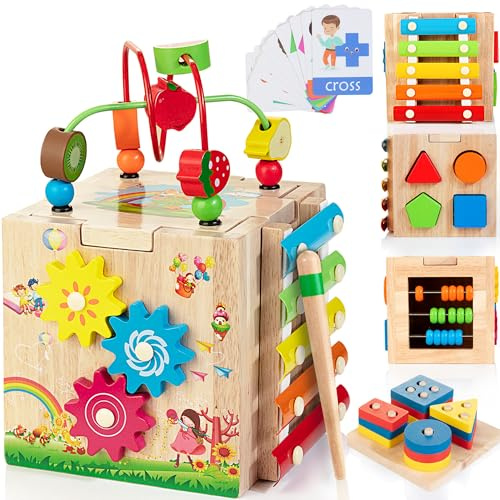 Bravmate Aktivitätswürfel aus Holz | 8-in-1 Montessori-Spielzeug für 18 Monate + Kleinkinder, EIN Jahr alt, erster Geburtstag, Babyspielzeug-Set mit Bonus-Sortier- und Stapelbrett
