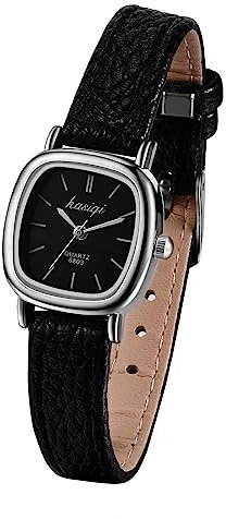 JewelryWe Damenuhr Leder Uhren Damen - Vintage Quadrat Analog Quarz Armbanduhr mit Schwarz Leder Armband und Silber Quadratischem Gehäuse Beiläufige Uhr für Frauen Mädchen