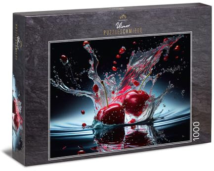 Ulmer Puzzleschmiede - 1000 Teile Fotopuzzle „Cherry Splash“ - Profi-Fotografie mit Splash Shot der eintauchenden Kirschen im Wasser - Puzzle-Kollektion Früchte & Küche - Fotopuzzle Made in Germany