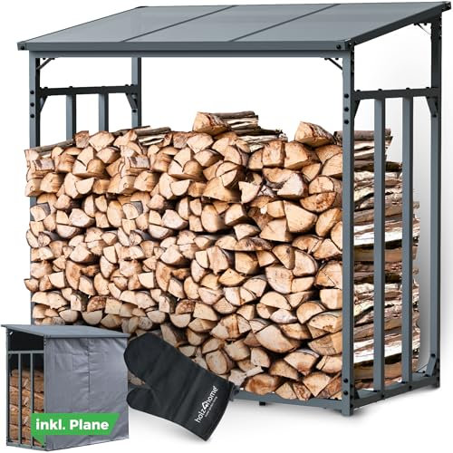 holz4home® Kaminholzregal Außen Holzlager I Größe: 140 x 70 x 145 cm LxBxH I Brennholzregal inkl. Ofenhandschuh I Überdachung mit Stapelhilfe für Brennholz