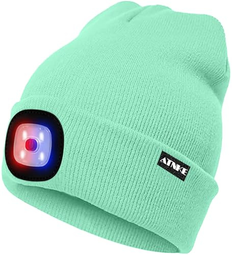 ATNKE LED-upplyst mössa, uppladdningsbar USB 4 LED röd och blå lampor blinkande löparmössa med ljus extrem ljus lampa vinter varm för män och kvinnor presenter, Fruktgrön, En Storlek