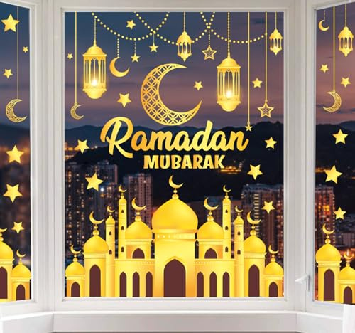 Whaline 6 Sheet Ramadan Window Clings Foil Gold Eid Mubarak Castle Moon Star Reusable Window Decals for Home School Office Muslim Al Fitr Party Supplies