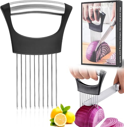 Soporte para Cortar Cebolla,1 Piezas Soporte de Cebolla de Acero Inoxidable Rebanador de Cebolla Agujas de Cebolla Soporte para Cebollas Cortador de Tomates para Cortar Carne, Cebolla,Fruta