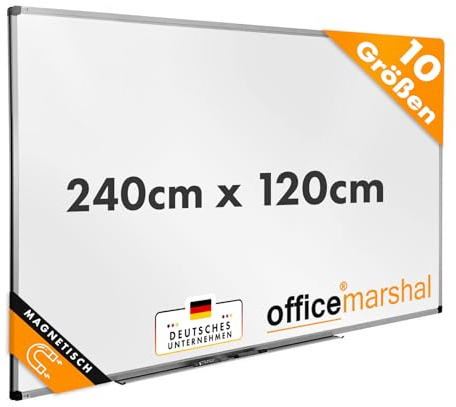 OfficeMarshal Magnetisk whiteboard 240 x 120 cm med aluminiumram och pennhylla för kontor, hem och skola, magnetisk tavla reptålig och kan torkas av | Magboard