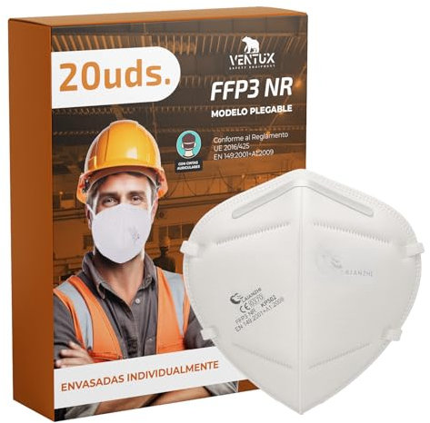 VENTUX SAFETY EQUIPMENT Mascarillas FFP3 Planas – Certificadas CE EN149:2001 + A1:2009 – 20 Unidades – Alta Protección Respiratoria Filtración ≥99% – Sin Válvula