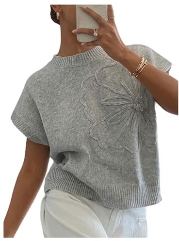 GORGLITTER Women's Floral Round Neck Sleeveless Jumpers Cap Sleeve Loose Pullover Sweaters Chunky Knit Sweater Vest Top