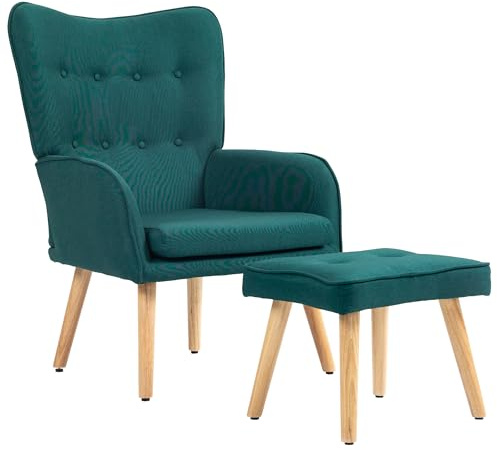 HOMCOM Sillón con Reposapiés Sillón Lectura con Respaldo Alto Capitoné Asiento Amplio Patas de Madera y Tapizado en Lino Butaca para Salón Dormitorio Oficina Verde Oscuro