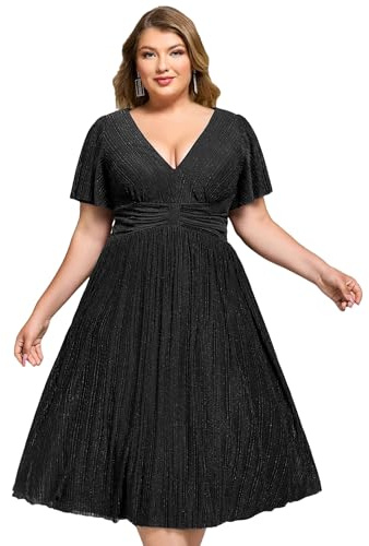 Ever-Pretty Robe de Soirée Femme D'été Midi Manches Courtes Brillant Grande Taille Col V Taille Empire Chic Noir 48