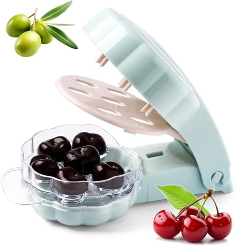 6-Hole Cherry & Olive Pitter Tool,Quick Push-Pull Seed Remover with Lock Design, Multi-Fruit Corer for Cherries, Dates & Olives - Portable Kitchen Depitter (Green)
