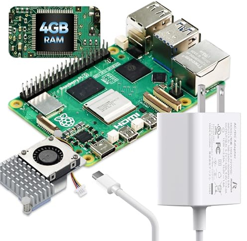 iRasptek Kit de démarrage basique pour Raspberry Pi 5 4 Go de RAM - Comprend une carte de 4 Go, une alimentation PD 27 W et un refroidisseur actif