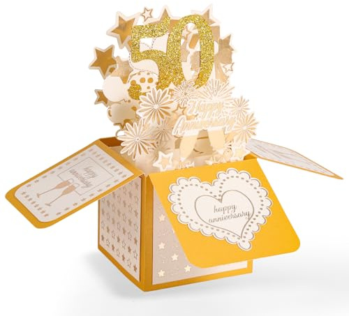 50th Anniversary Card, 3D Gold Happy Anniversary Pop Up Card with Envelope for Women Men Wife Husband Couples Parents Him Her Wedding Marriage Gift