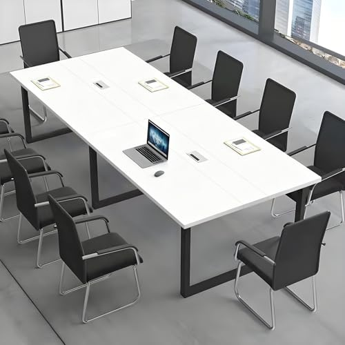 CCUKTFN Großer Konferenztisch, Moderner Besprechungstisch mit Kabelkanal und Schwarzem Metallrahmen für 8–12 Personen, Rechteckiger Seminar-Tisch für Büro, Konferenzraum