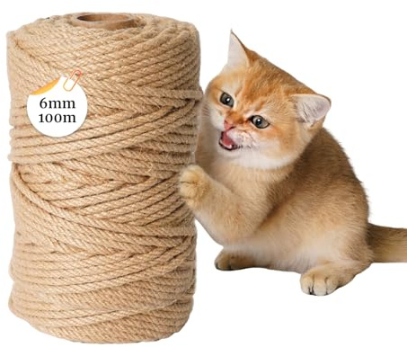 Corda per Tiragraffi 6mm X 100m, Corda Canapa, per Riparazione e Sostituzione di Gatto Scratching Pilastro, Gatto Albero, Gatto Graffiare Pad, Decorazione della Casa e del Giardino