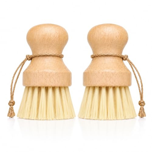 Bamboo Palm Brush 2 Pack, Eco-Friendly Wooden Dish Brush Set with Durable Bristles, Washing up Brushes Dish Pot Pan Brushes Mushroom Brush Style Kitchen Scrubber for Pots, Pans, Sink