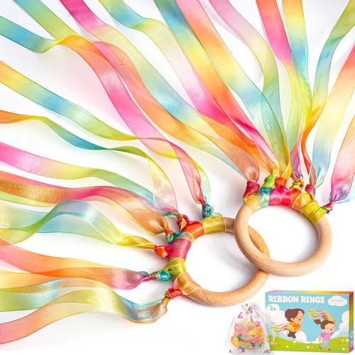 Dawnglow 2Pcs Gymnastics Dance Ribbons, Ribbon Hand Kite, Rainbow Dancing Streamer with Wood Ring for Artistic Dance, Gymnastics, Entertainment, Decoration and Party