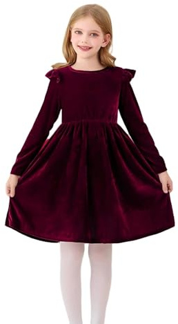 Sammetsklänning för flickor, barn, knälång, prinsessklänning, elastisk midja, långärmad klänning, elegant, vintage, julklänning, minimalistisk, bekväm festklänning, enfärgad, vinterklänning
