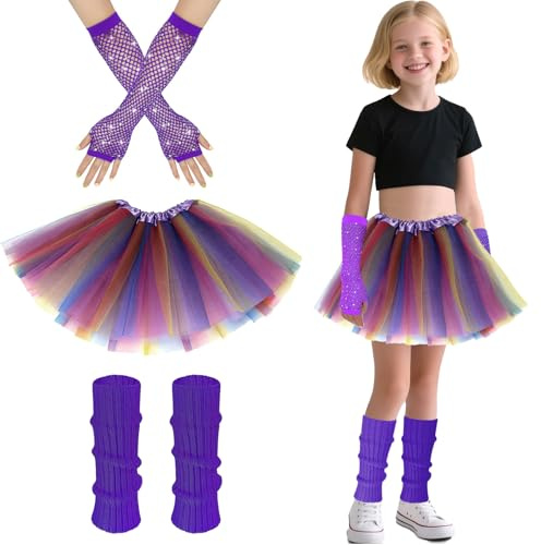 AffeGifts Déguisement Année 80 Fille, Deguisement Disco Enfant Filles Néon Jambes Chauffers Filets Gants et Robe Fantaisie Tutu Pour Les Années 1980 Fête à Thème Discothèque Fête Costume