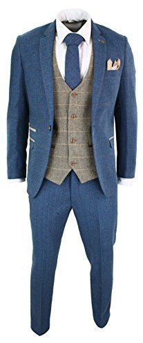 Marc Darcy Herrenanzug 3 Teilig Blau Tweed Fischgräte Design Vinage Retro Tailored Fit