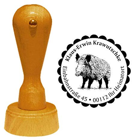 Stempel Wildschwein Keiler - mit persönlicher Adresse, Motiv und Zierrand Ø 40 mm