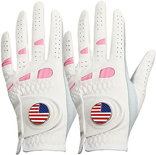 Amy Sport Women's Golf Gloves Left Hand Right with Ball Marker Value 2 Pack, All Weather Grip Rain Soft Leather Pink Size Small Medium Large XL (2 Pack-Worn on Left Hand, Large)
